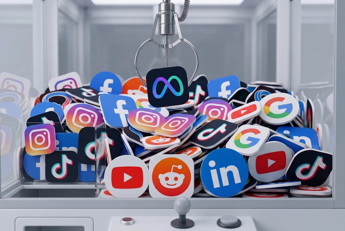 Claw machine filled with social platform tiles; the claw holds a Meta tile — multi-platform ad creative for paid media.