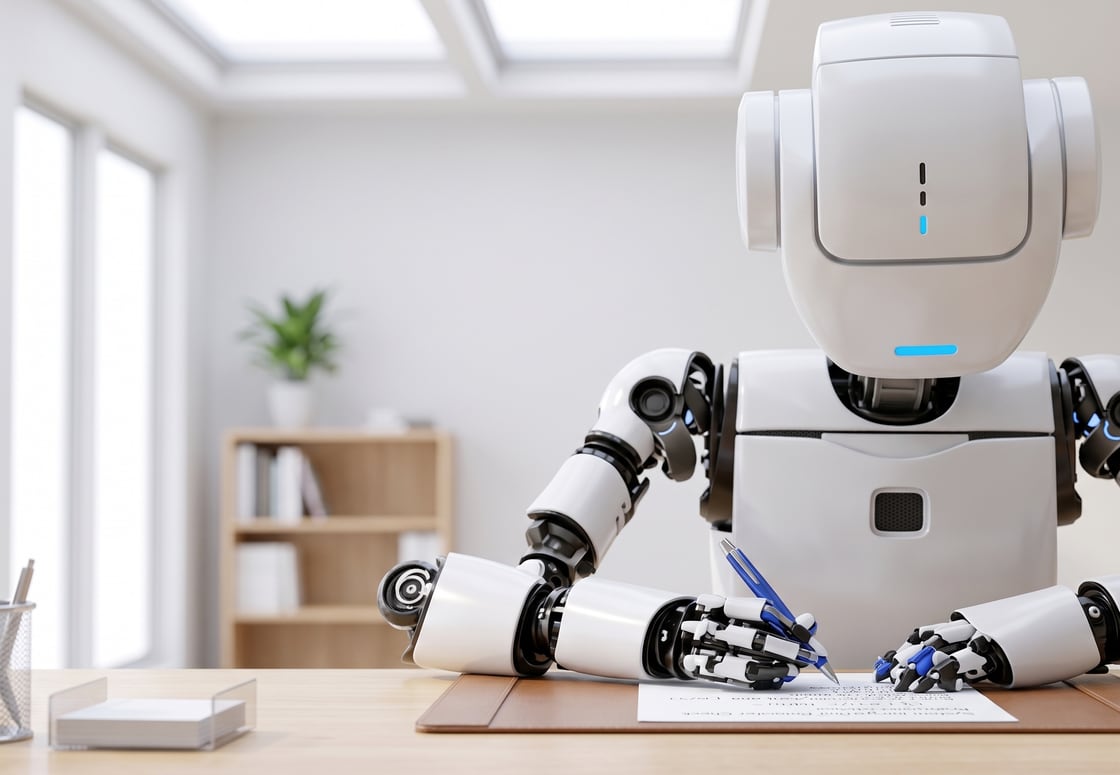 A white humanoid robot at a modern desk, writing on paper with a pen — AI-assisted content in a clear brand voice.