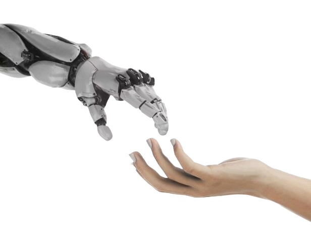Robotic and human hands nearly touching, representing AI partnership with your team.