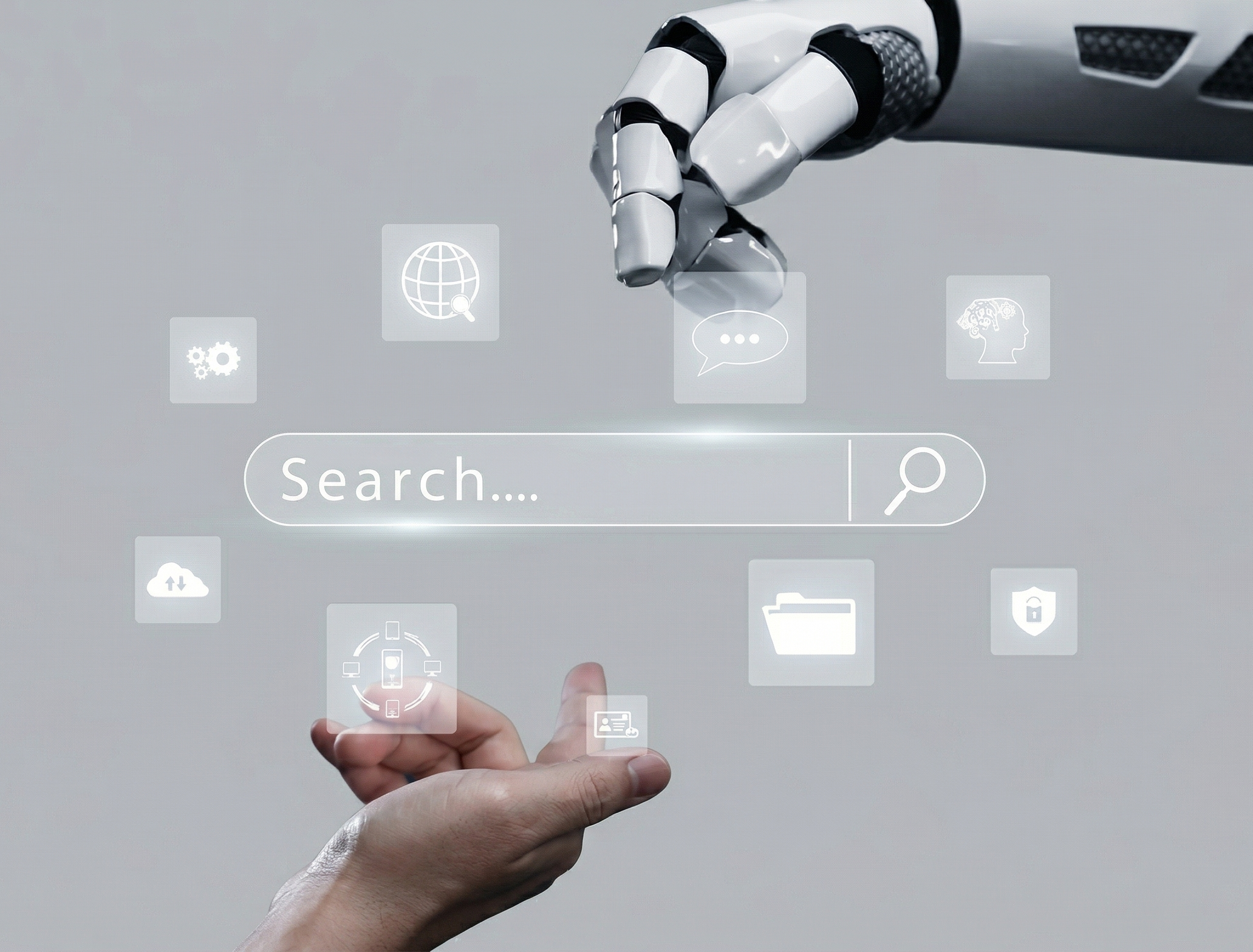 Menschliche und robotische Hände an einer Suchleiste mit digitalen Symbolen — Sinnbild für Generative Engine Optimization und KI-Suche