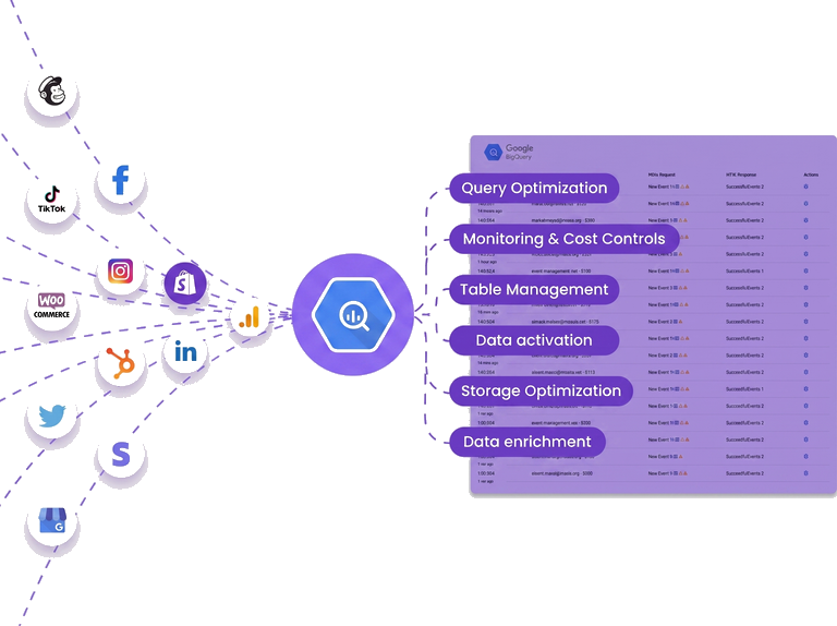 Marketing and commerce data sources connecting into Google BigQuery and reporting workflows.