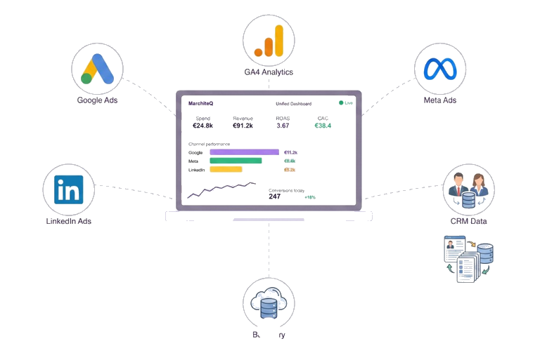 MarchiteQ unified dashboard on a laptop, connected to Google Ads, GA4, Meta, LinkedIn, CRM, and BigQuery.