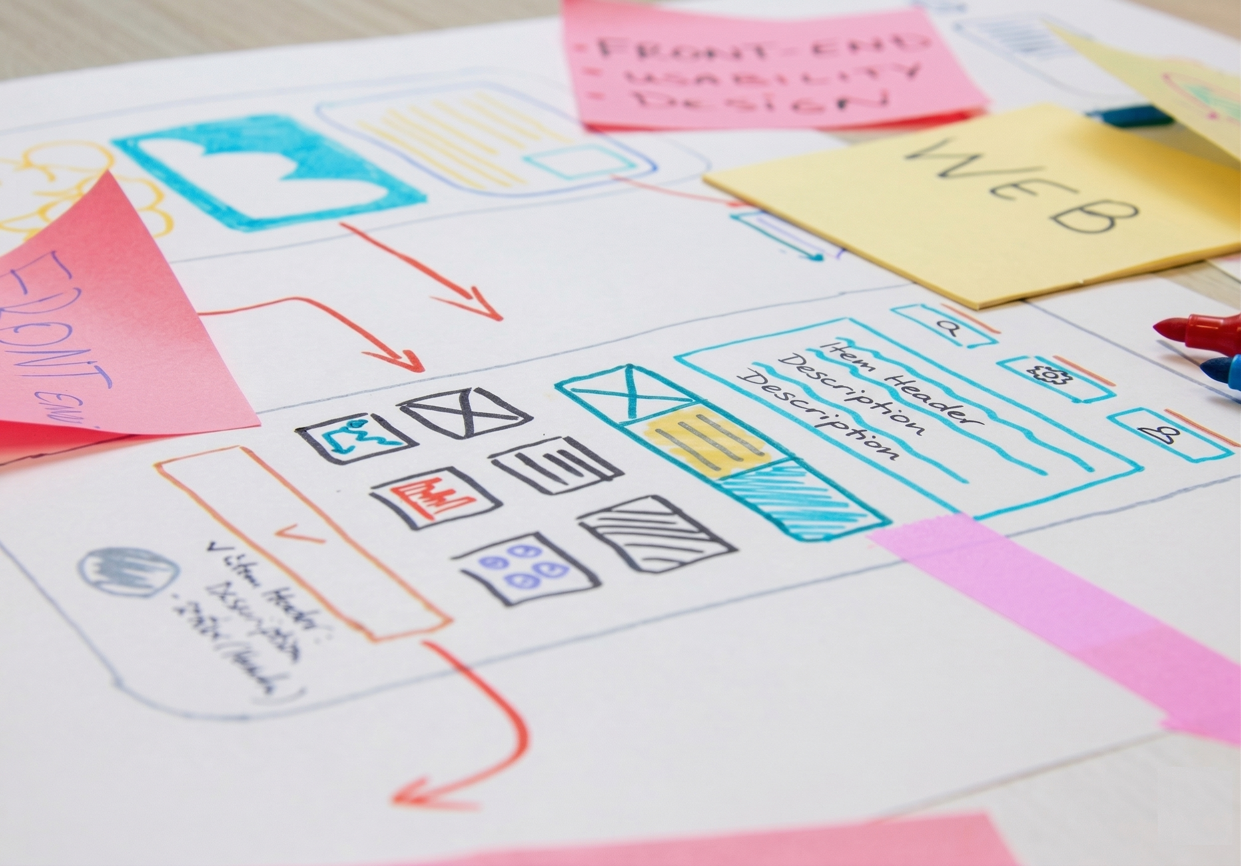 Wireframe-Skizze eines Landingpage-Layouts mit Haftnotizen — Planung von Design und Usability